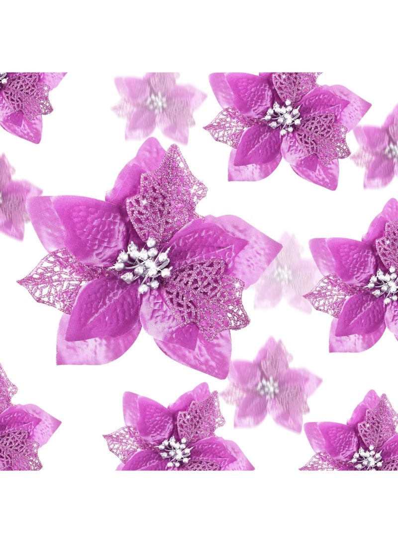 SYOSI 16 Pieces Christmas Glitter Poinsettia Faux Flowers Christmas Flowers Decorations Wedding Xmas Tree New Year Ornaments (Light Purple) - Image 1